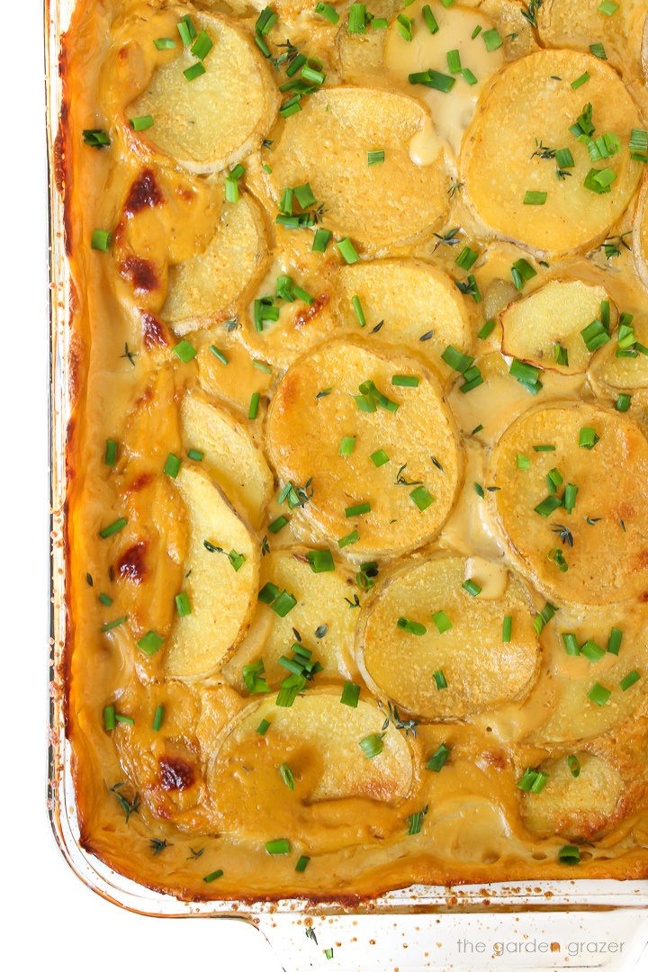 Overhead view of vegan scalloped potatoes after baking in a large glass dish