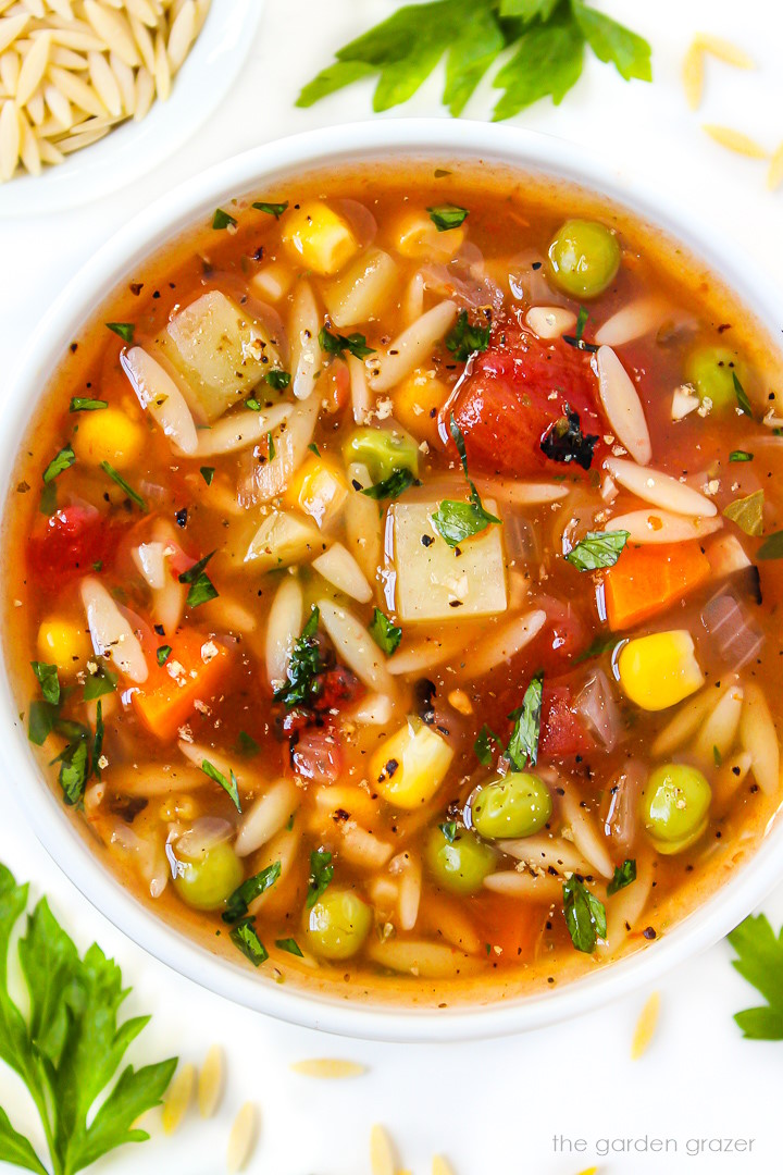 Close-up view of vegetable orzo soup in a white bowl garnished with fresh parsley