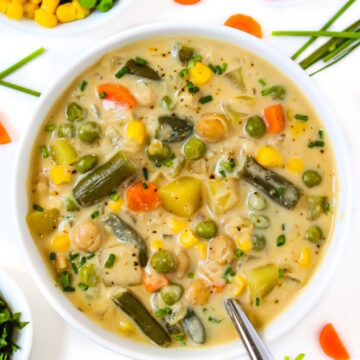 Creamy vegetable chowder in a white bowl with spoon