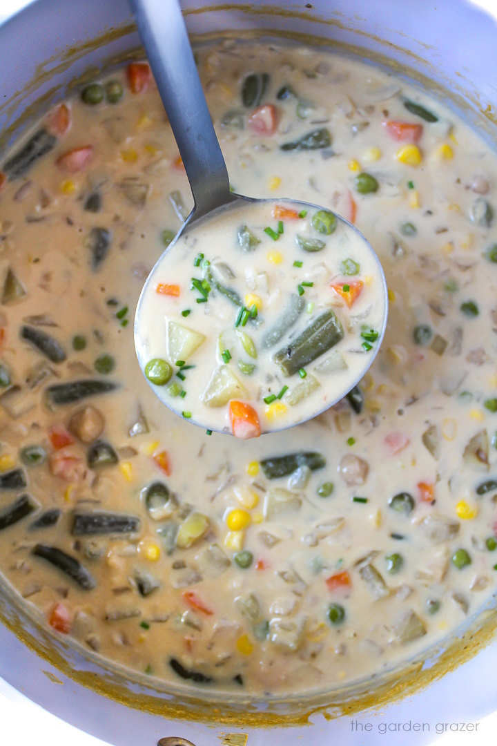 Overhead view of ladle scooping out vegan vegetable chowder from a large pot