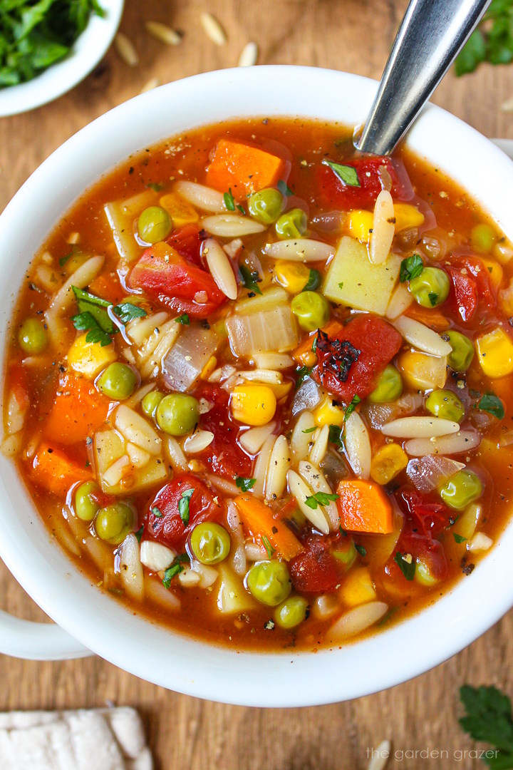 Close-up view of vegetable orzo soup in a white bowl garnished with fresh parsley