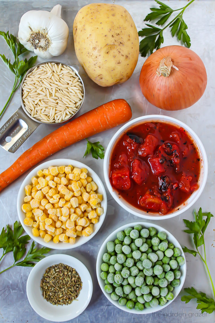 Orzo, potato, onion, tomato, carrot, pea, and spice ingredients laid out on a metal tray