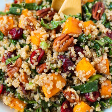 Close up view of vegan fall harvest quinoa salad on a white serving plate