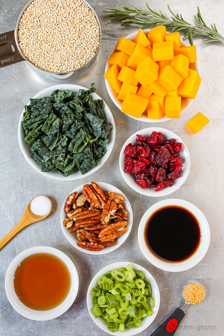 Quinoa, butternut squash, kale, dried cranberries, pecans, vinegar, and spice ingredients laid out on a metal tray