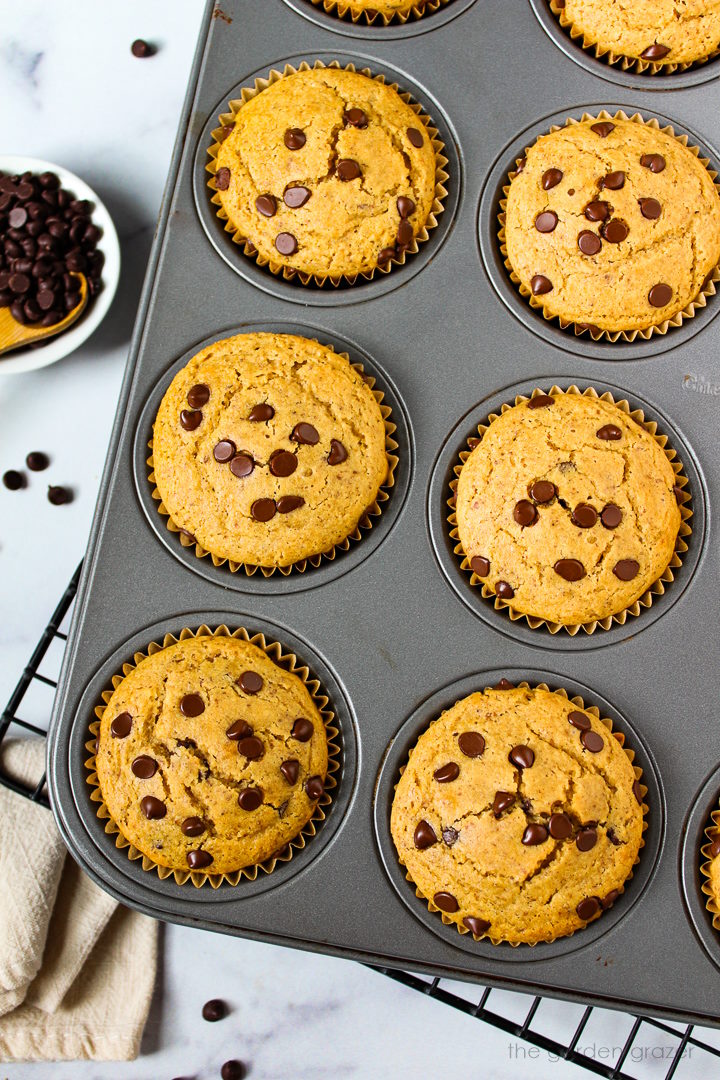 Overhead view of a tray of vegan chocolate chip muffins after baking