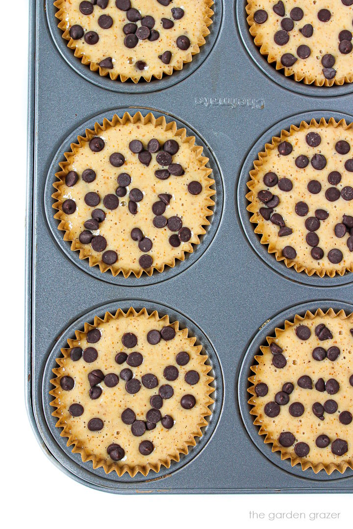 Overhead view of chocolate chip muffin batter in a muffin pan before baking