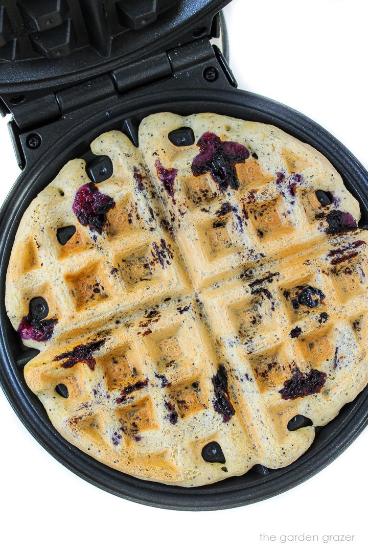 Overhead view of an open waffle maker with cooked blueberry waffle on the iron