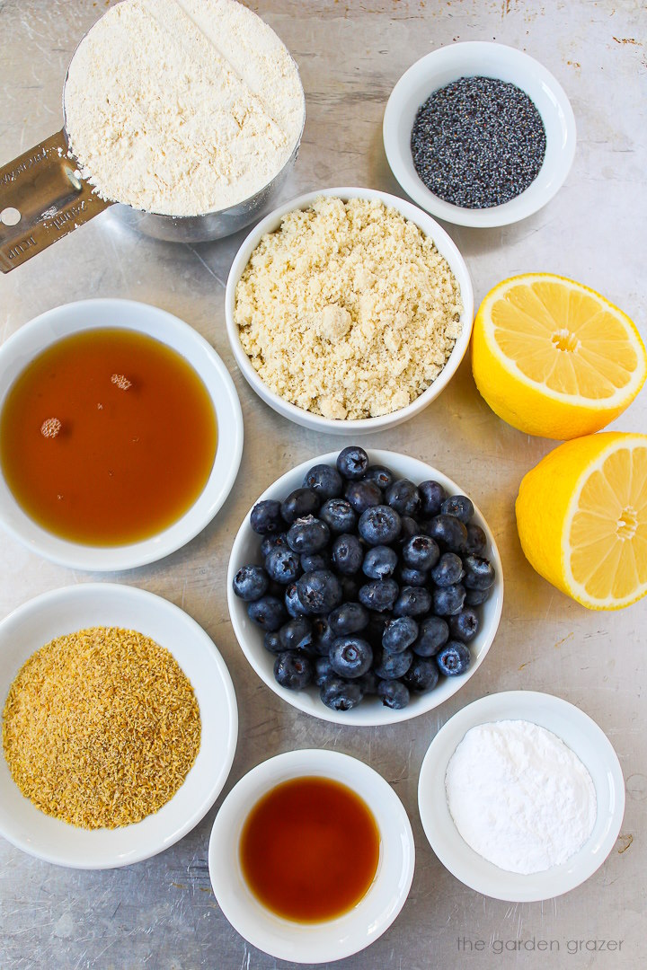 Fresh berries, lemon, poppy seeds, flour, ground flax, and vanilla ingredients laid out on a metal tray
