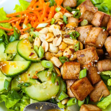 Close up view of savory peanut tofu salad with cucumber and carrot in a white bowl