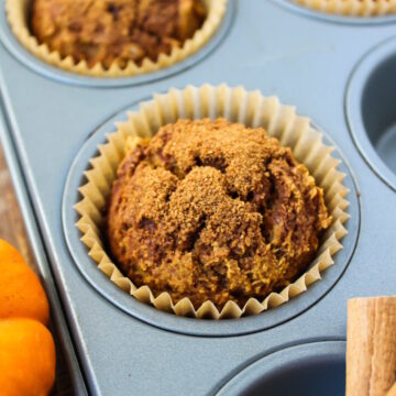 Gluten-free vegan pumpkin muffins sitting in a metal tray after baking