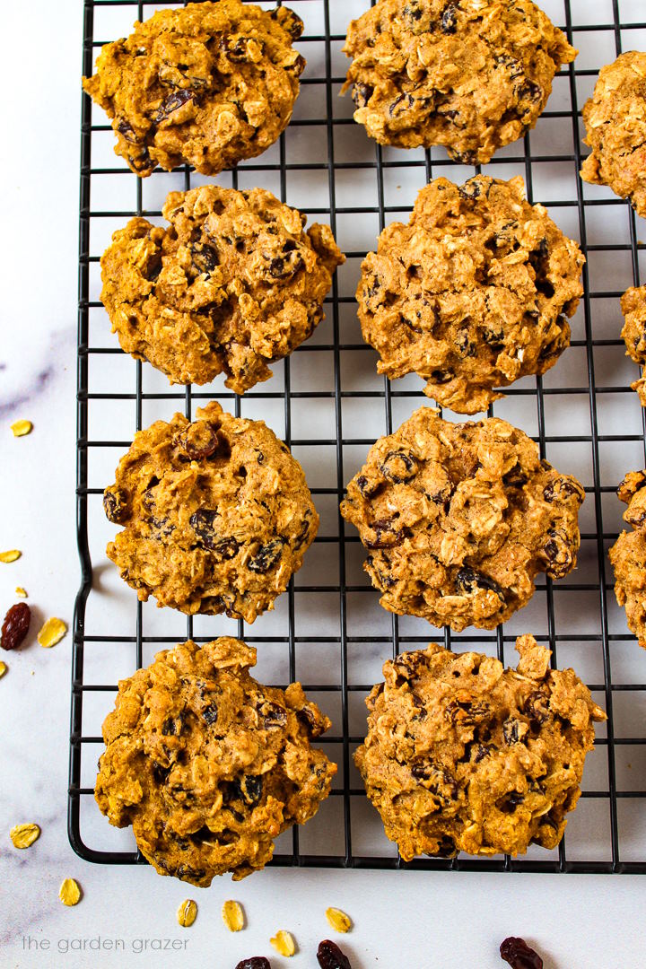 Overhead view of vegan oatmeal raisin cookies cooling on a rack after baking