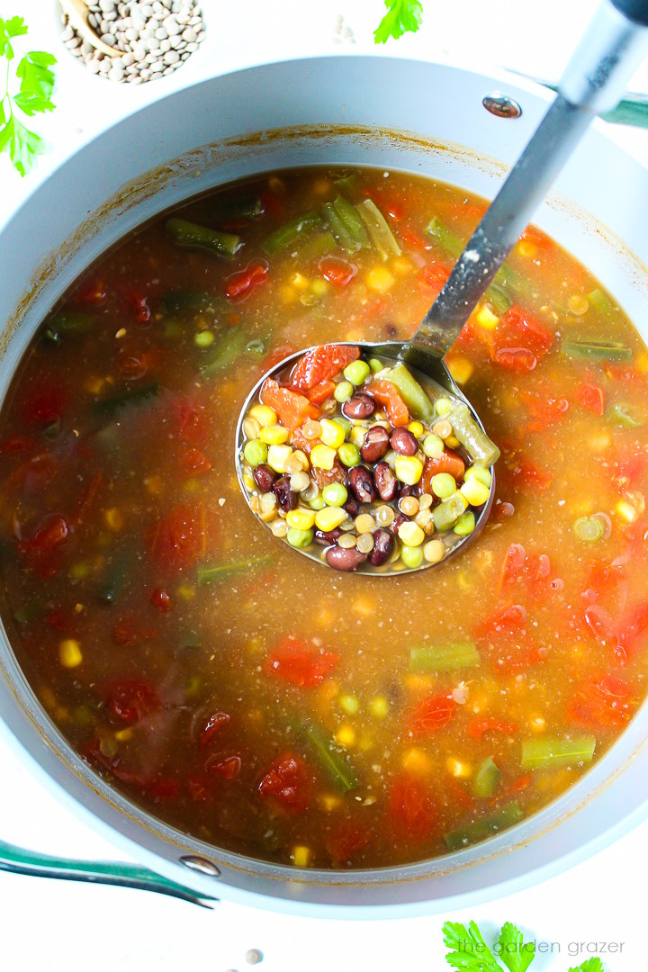 Overhead view of a ladle lifting up easy vegan soup with black beans, lentils, and vegetables as it's cooking in a large pot