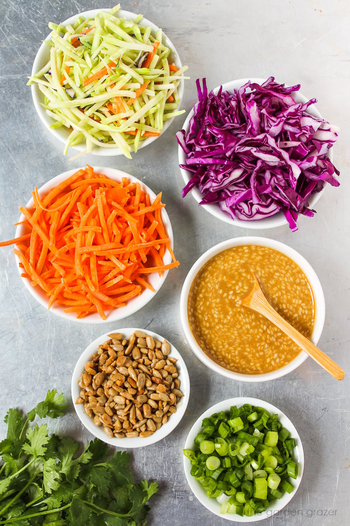 Red cabbage, shredded carrots, sunflower seeds, dressing, and green onion ingredients laid out on a metal tray