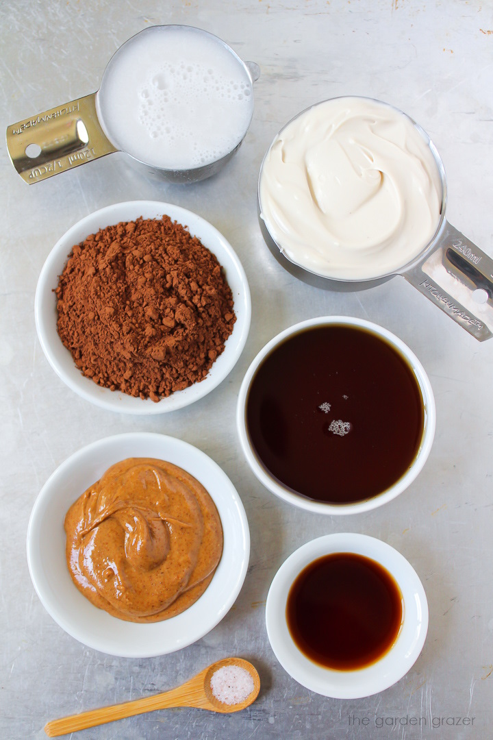 Cocoa powder, almond butter, maple syrup, dairy-free milk, Greek yogurt, and vanilla ingredients laid out on a metal tray